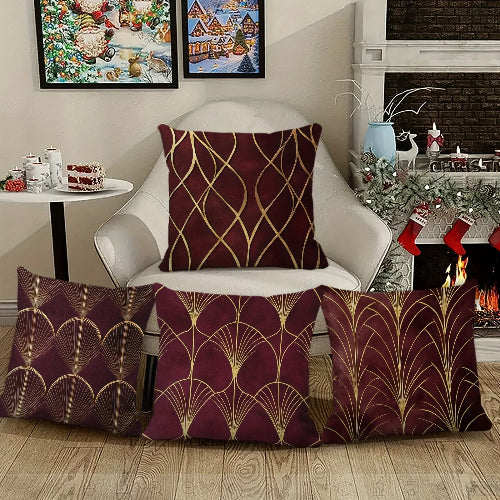 housses de coussin géométriques bordeaux et dorées lot de 4