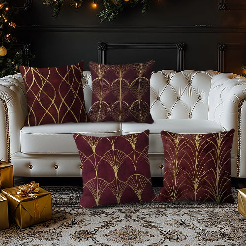 housses de coussin géométriques bordeaux et dorées lot de 4
