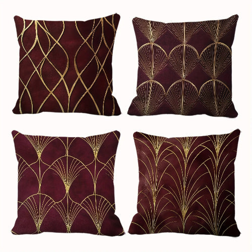 housses de coussin geometriques bordeaux et dorees lot de 4