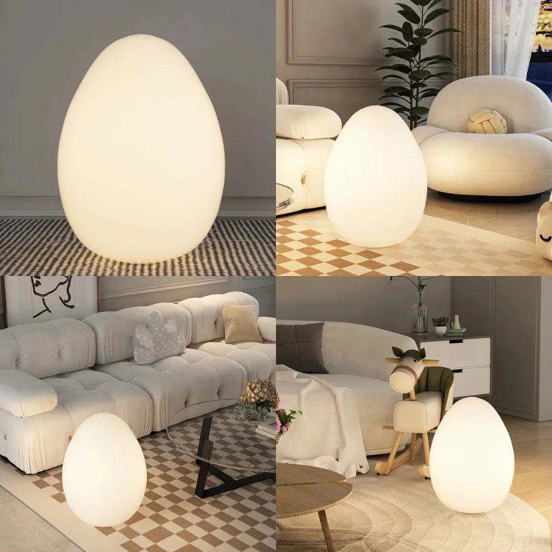 4 Lampes de en forme d'oeuf posée sur  les tapis de 4 salons différents